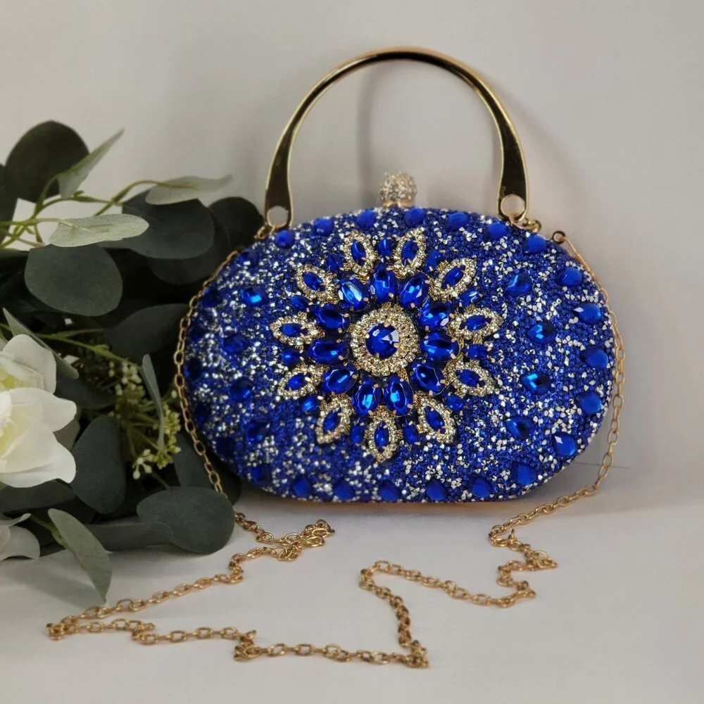Blue Crystal Embellished Evening Clutch Bag Gold Handle & Chain Strap By RAMLA! - Picture 1 of 11